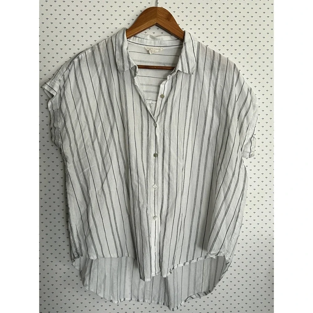 Eileen Fisher Organic Cotton Tencel Striped Boxy Shirt L PL Petite Lagenlook - Picture 2 of 6